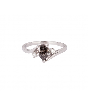 14K White Gold, Ring with Diamonds and Salt & Pepper Pear-Cut Diamond - 1