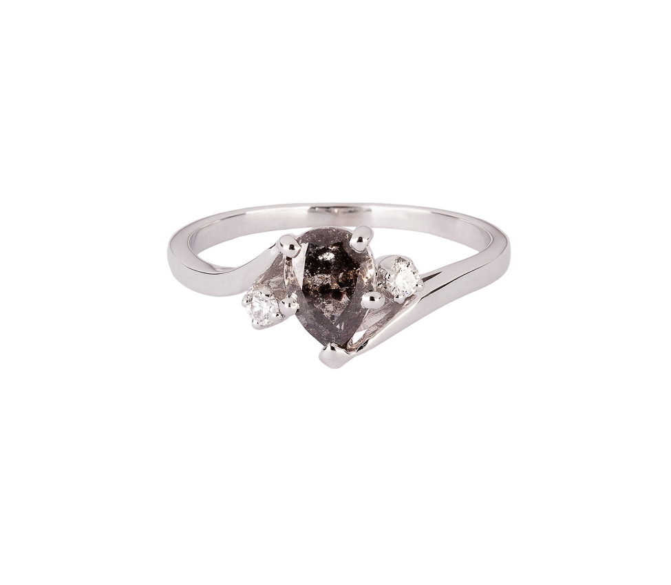 14K White Gold, Ring with Diamonds and Salt & Pepper Pear-Cut Diamond - 1