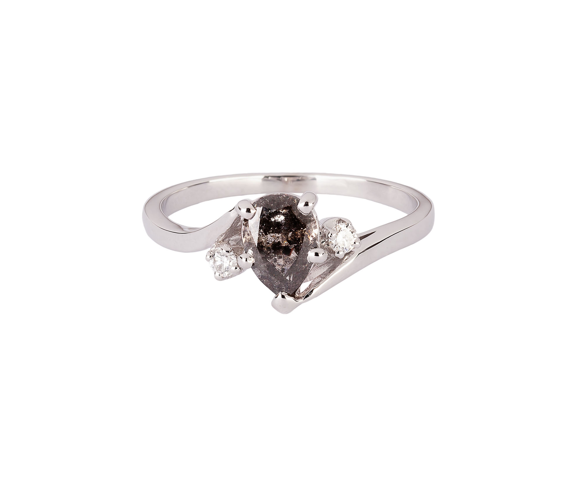 14K White Gold, Ring with Diamonds and Salt & Pepper Pear-Cut Diamond - 1 14K White Gold, Ring with Diamonds and Salt & Pepper Pear-Cut Diamond - 1