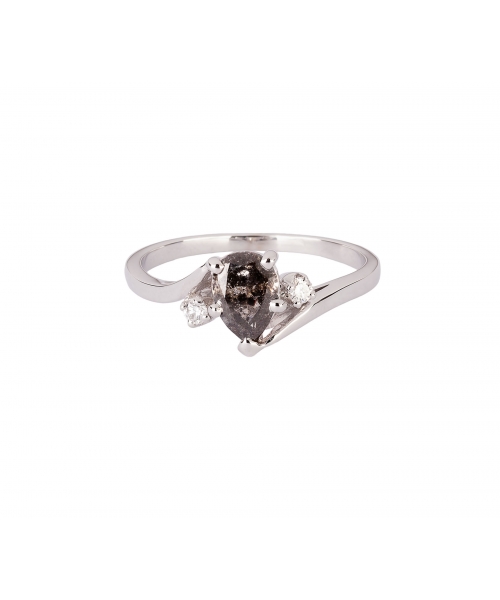 14K White Gold, Ring with Diamonds and Salt & Pepper Pear-Cut Diamond - 1