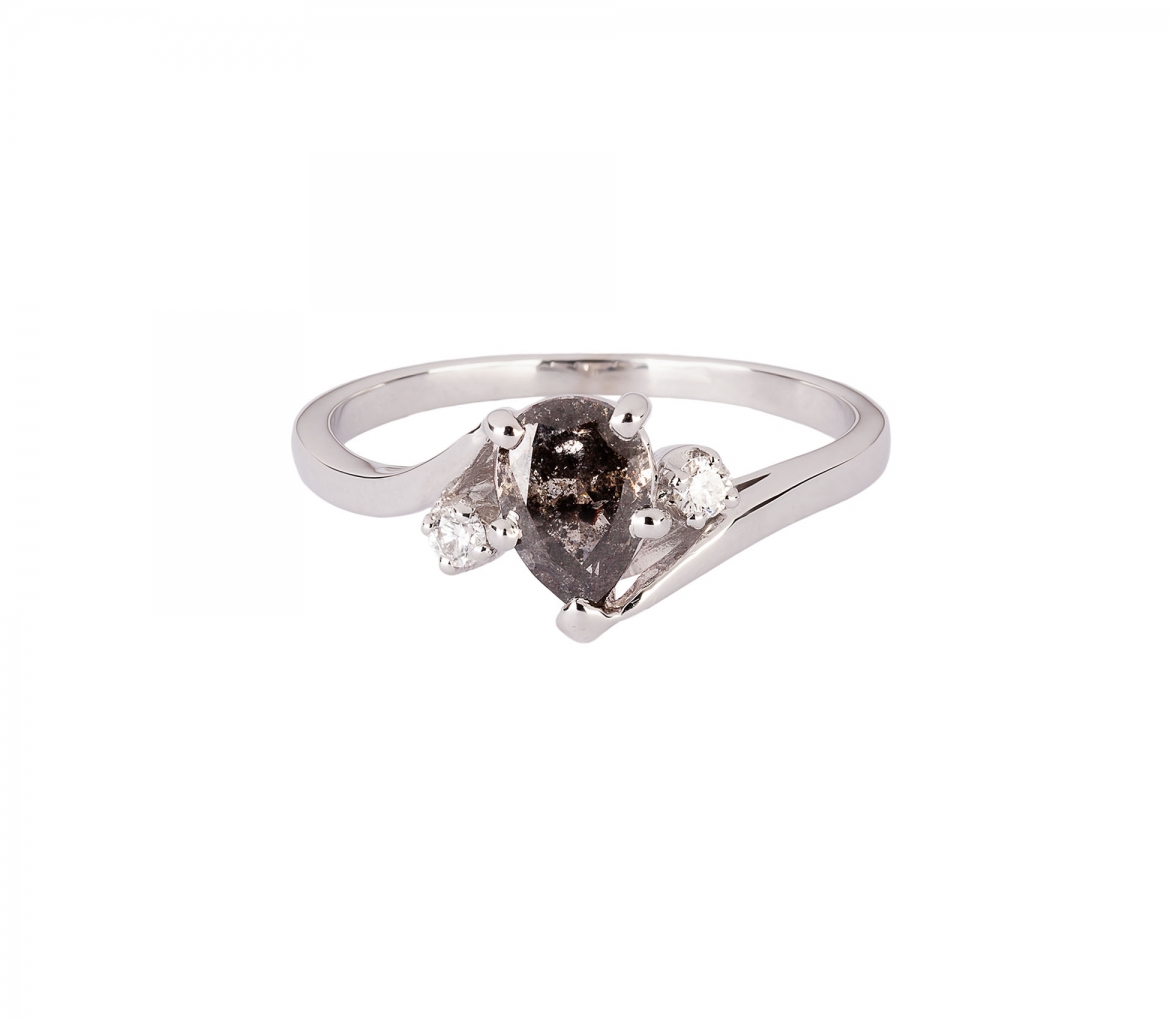 14K White Gold, Ring with Diamonds and Salt & Pepper Pear-Cut Diamond - 1