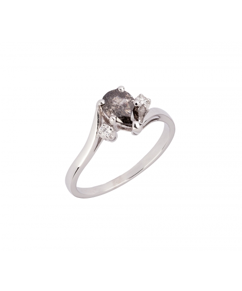 14K White Gold, Ring with Diamonds and Salt & Pepper Pear-Cut Diamond - 2