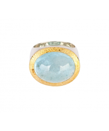 24K Gold, Sterling Silver, Aquamarine Signet Ring - 1