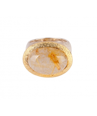 24K Gold, Sterling Silver, Signet Ring with Rutilated Quartz - 1
