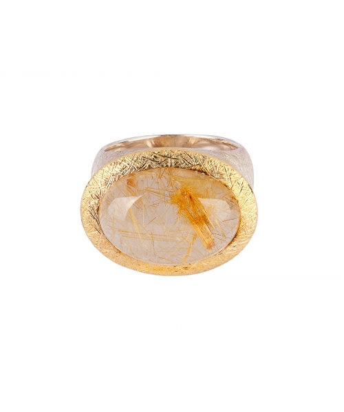 24K Gold, Sterling Silver, Signet Ring with Rutilated Quartz - 1