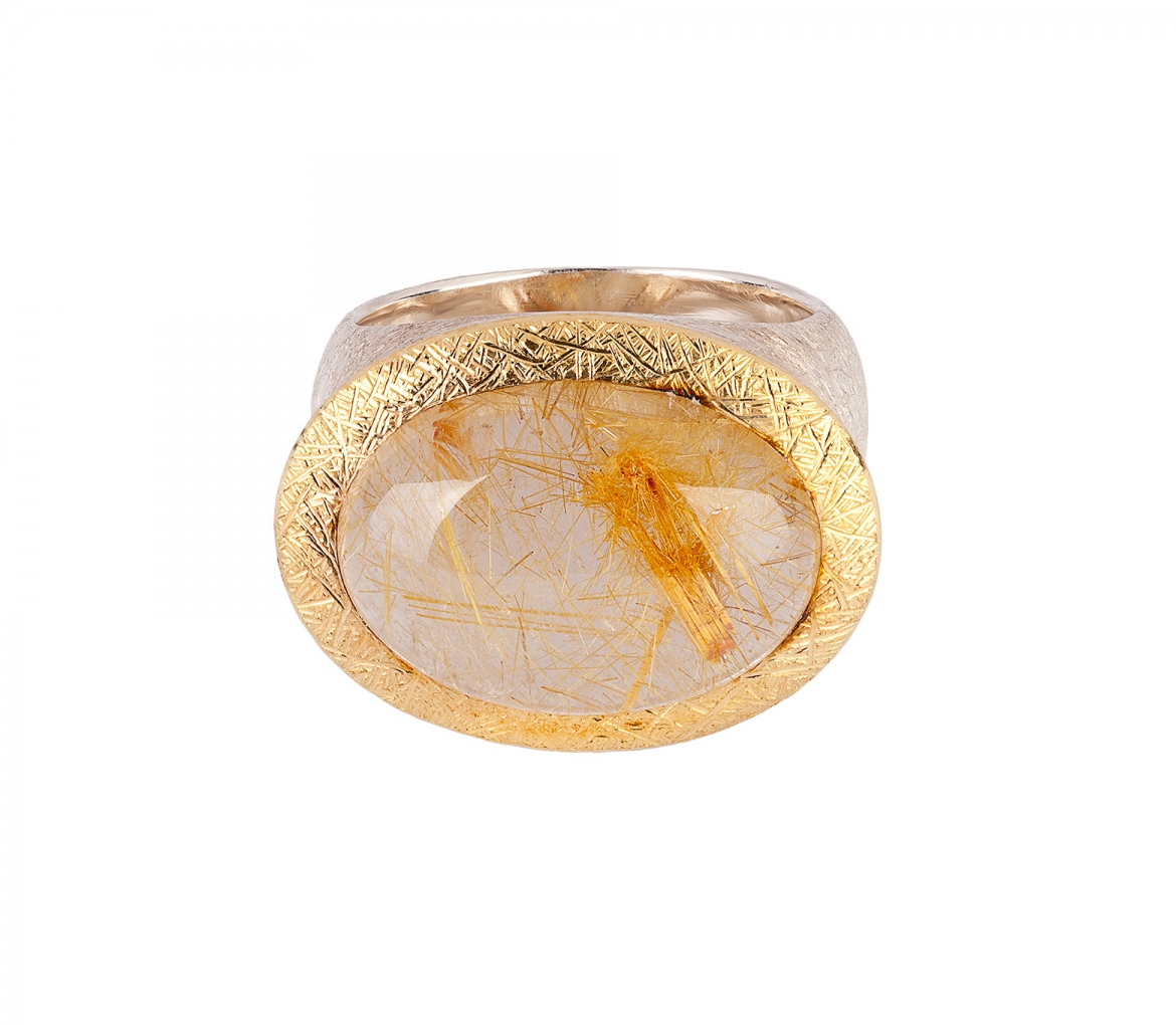 24K Gold, Sterling Silver, Signet Ring with Rutilated Quartz - 1