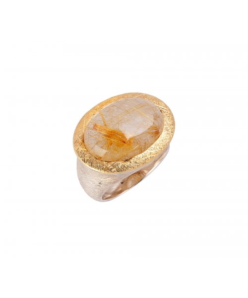 24K Gold, Sterling Silver, Signet Ring with Rutilated Quartz - 2