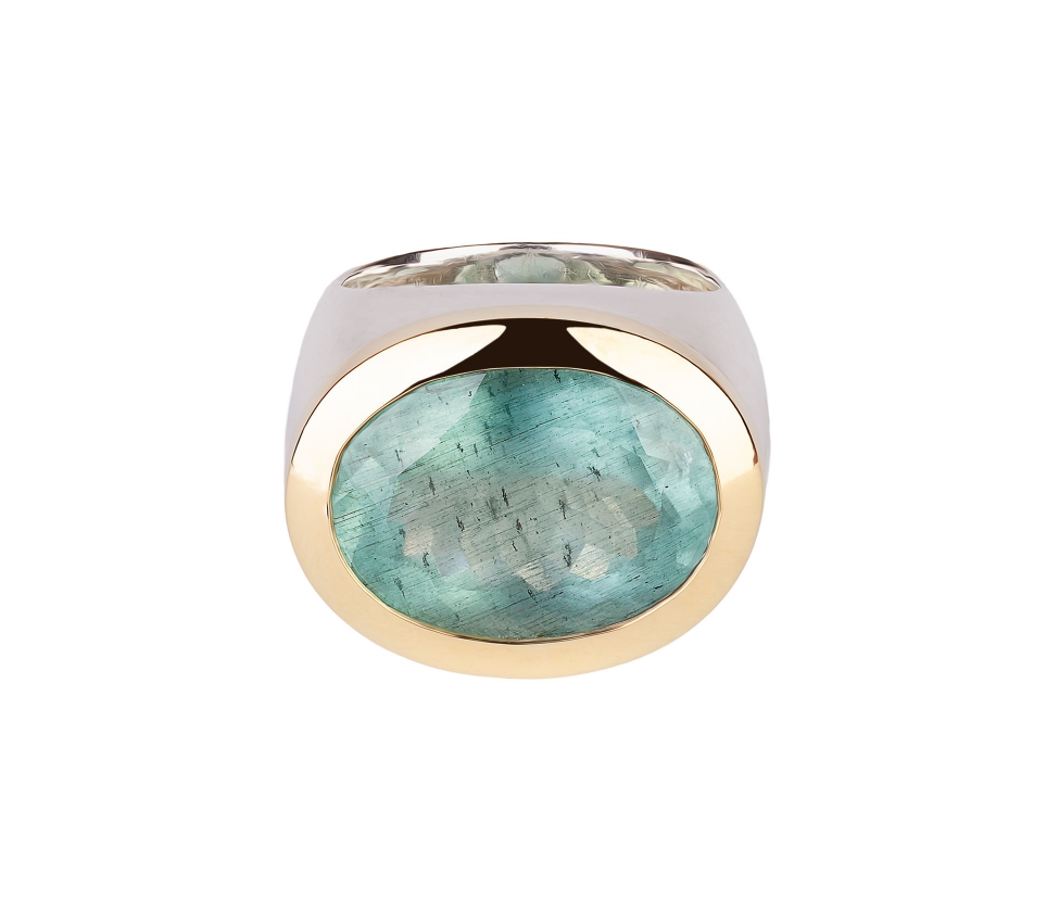 24K Gold, Sterling Silver, Aquamarine Signet Ring - 1
