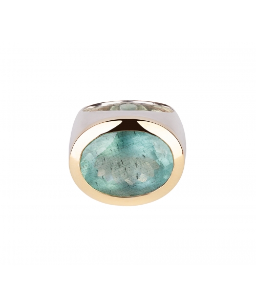 24K Gold, Sterling Silver, Aquamarine Signet Ring - 1