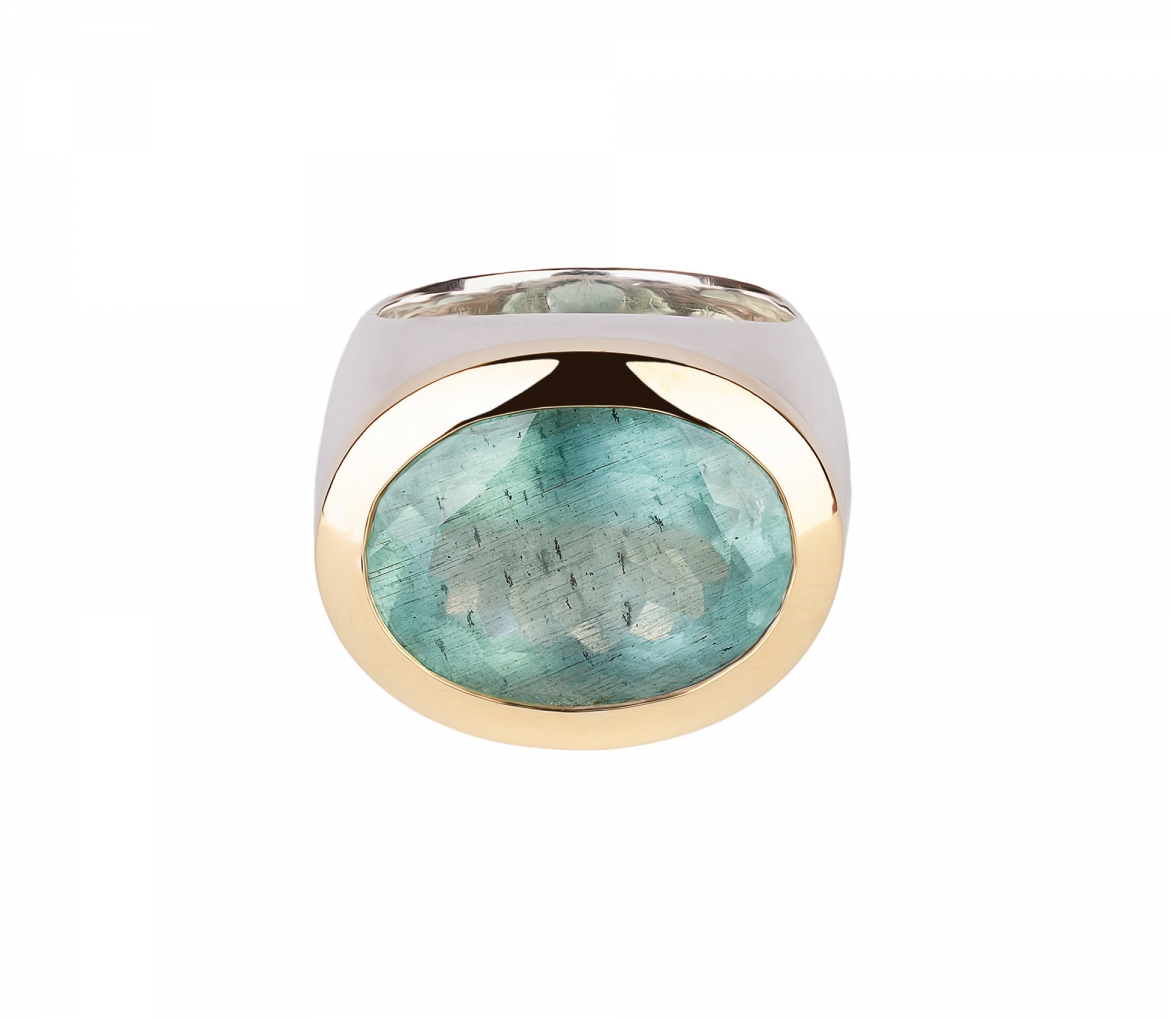 24K Gold, Sterling Silver, Aquamarine Signet Ring - 1