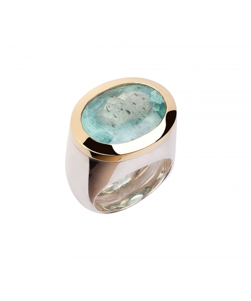 24K Gold, Sterling Silver, Aquamarine Signet Ring - 2