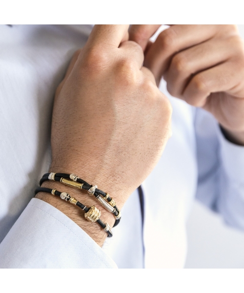 Leather twisted bracelet with handmade gold and silver elements - 5