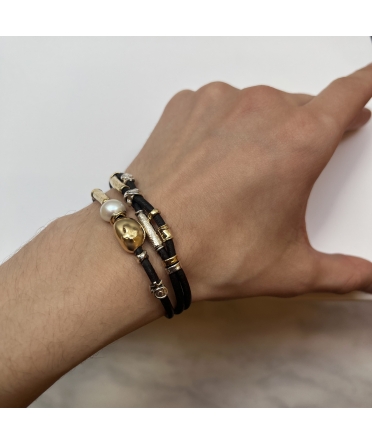 Leather twisted bracelet with handmade gold and silver elements - 4