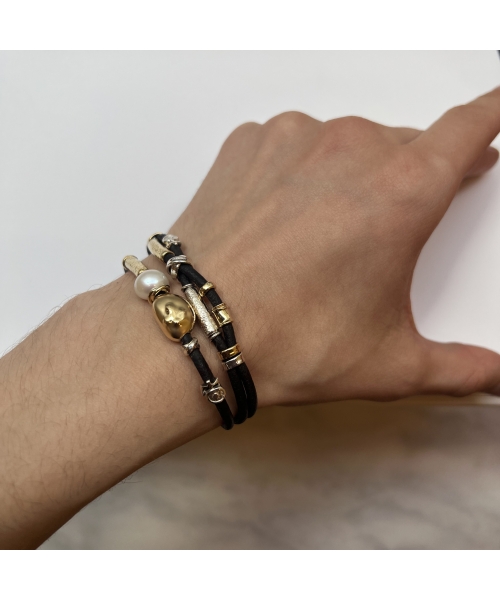 Leather twisted bracelet with handmade gold and silver elements - 4