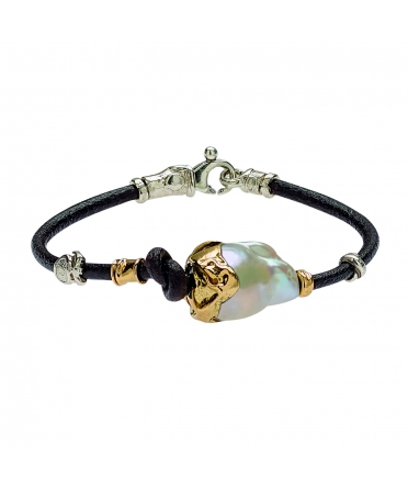 Leather Bracelet with Baroque Pearl and Handmade Gold and Silver Elements - 1