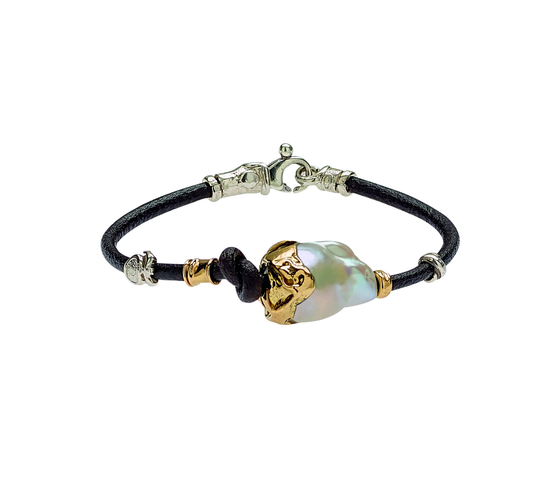 Leather Bracelet with Baroque Pearl and Handmade Gold and Silver Elements - 1 Leather Bracelet with Baroque Pearl and Handmade Gold and Silver Elements - 1