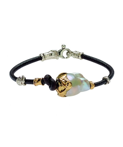 Leather Bracelet with Baroque Pearl and Handmade Gold and Silver Elements - 1