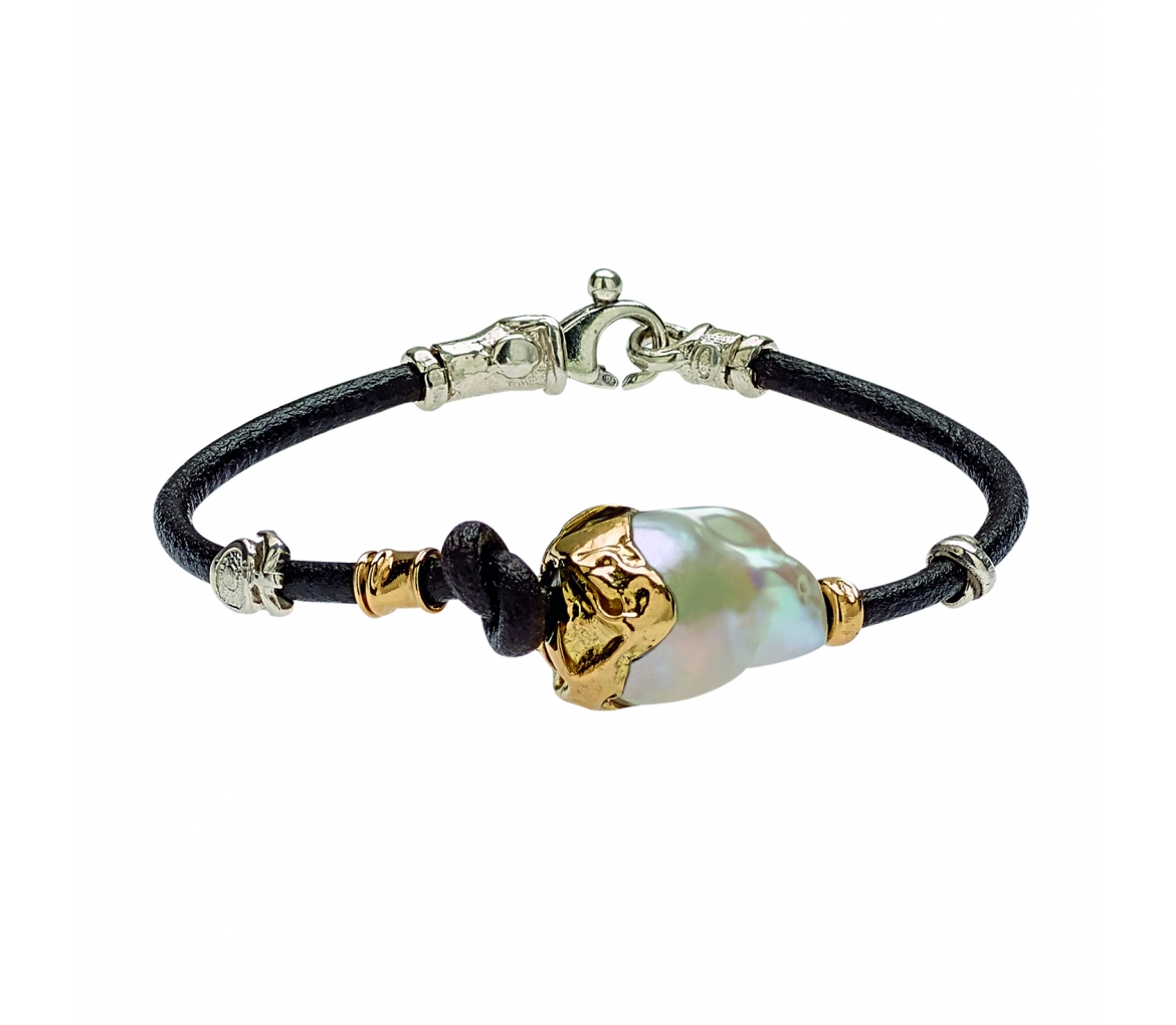 Leather Bracelet with Baroque Pearl and Handmade Gold and Silver Elements - 1