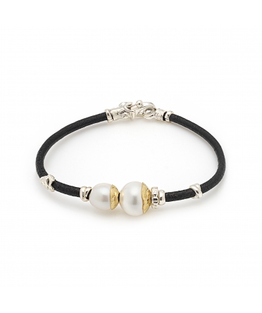 Leather Bracelet with Pearls and Handmade Gold and Silver Elements - 1