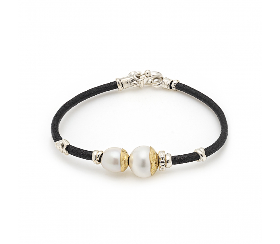 Leather Bracelet with Pearls and Handmade Gold and Silver Elements - 1