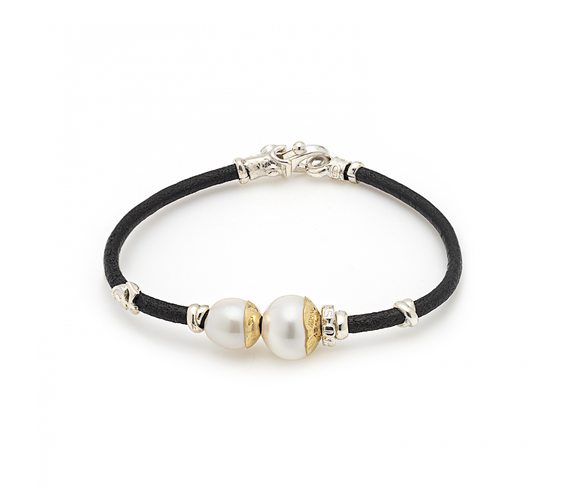Leather Bracelet with Pearls and Handmade Gold and Silver Elements - 1 Leather Bracelet with Pearls and Handmade Gold and Silver Elements - 1