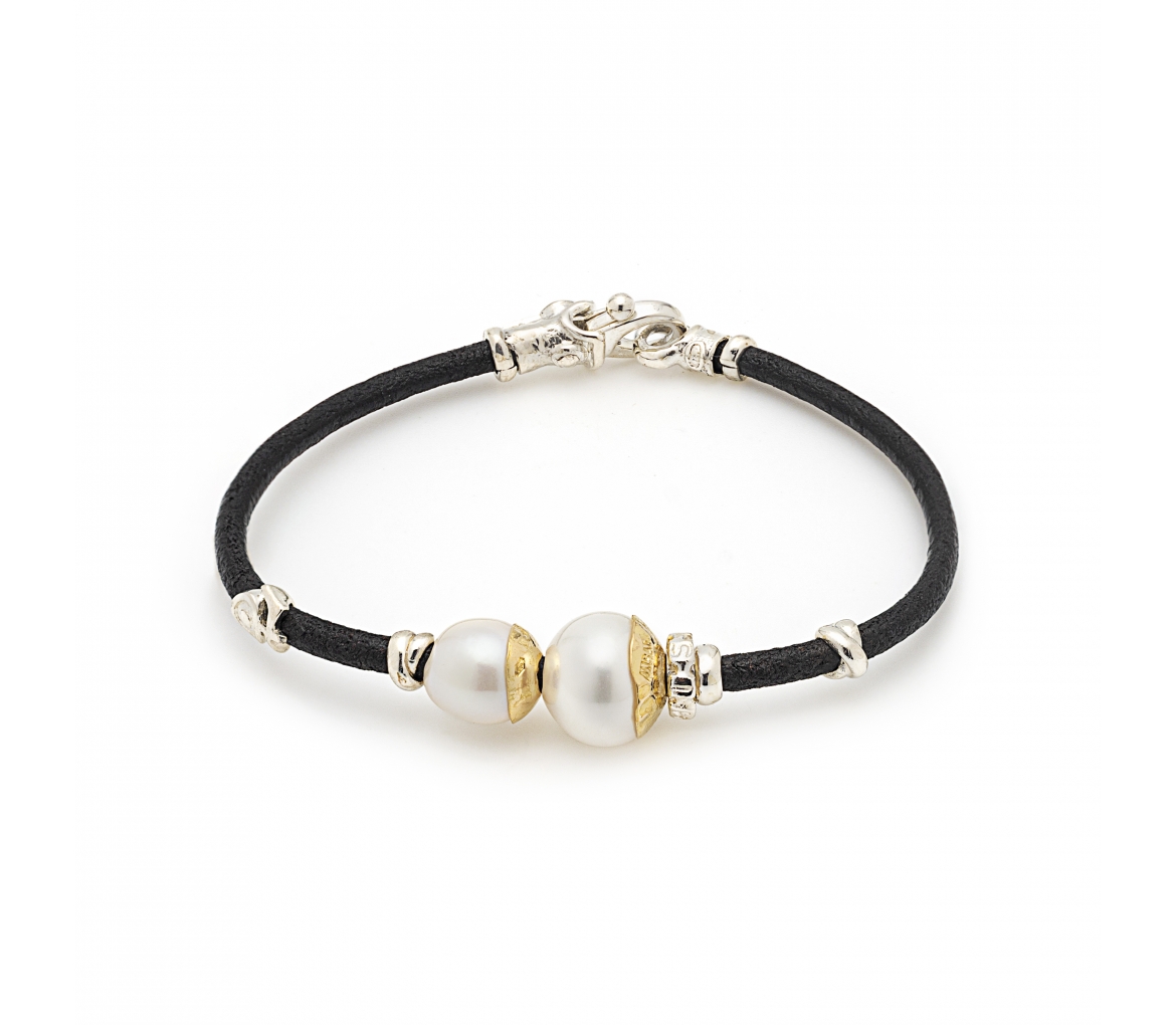 Leather Bracelet with Pearls and Handmade Gold and Silver Elements - 1