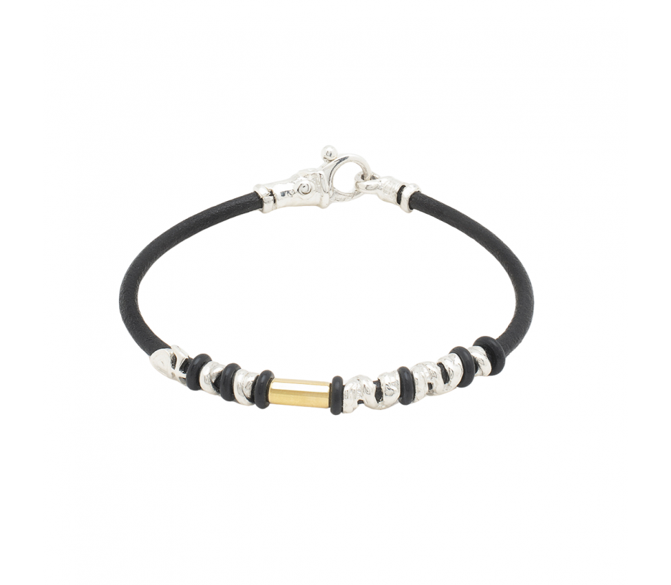 Leather Bracelet with Handmade Gold and Silver Elements - 1