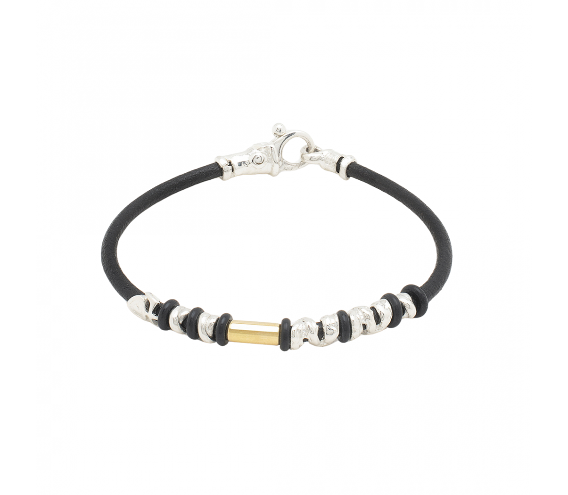 Leather Bracelet with Handmade Gold and Silver Elements - 1