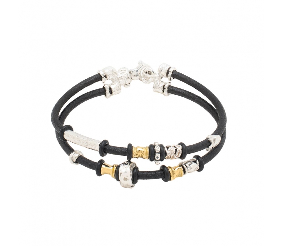 Leather Bracelet with Handmade Gold and Silver Elements - 1