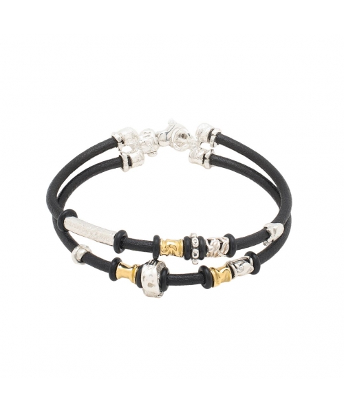 Leather Bracelet with Handmade Gold and Silver Elements - 1