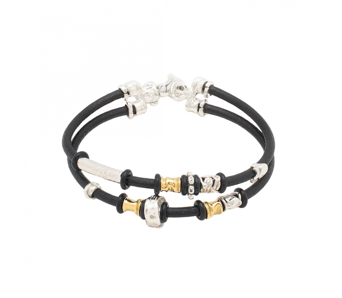 Leather Bracelet with Handmade Gold and Silver Elements - 1