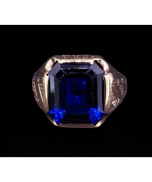14K Gold, Signet Ring with Cobalt Glass, 1940s–1950s - 1