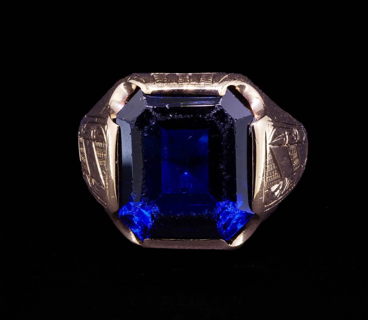 14K Gold, Signet Ring with Cobalt Glass, 1940s–1950s - 1