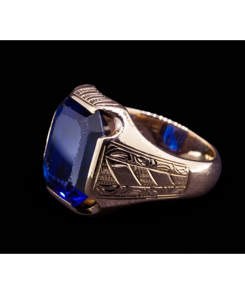 14K Gold, Signet Ring with Cobalt Glass, 1940s–1950s - 2