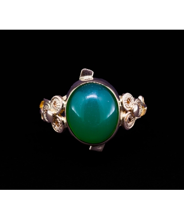 14K Gold, Ring with Green Onyx, Handcrafted Filigree, Vintage - 1