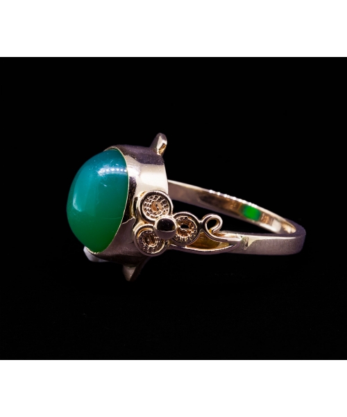 14K Gold, Ring with Green Onyx, Handcrafted Filigree, Vintage - 2