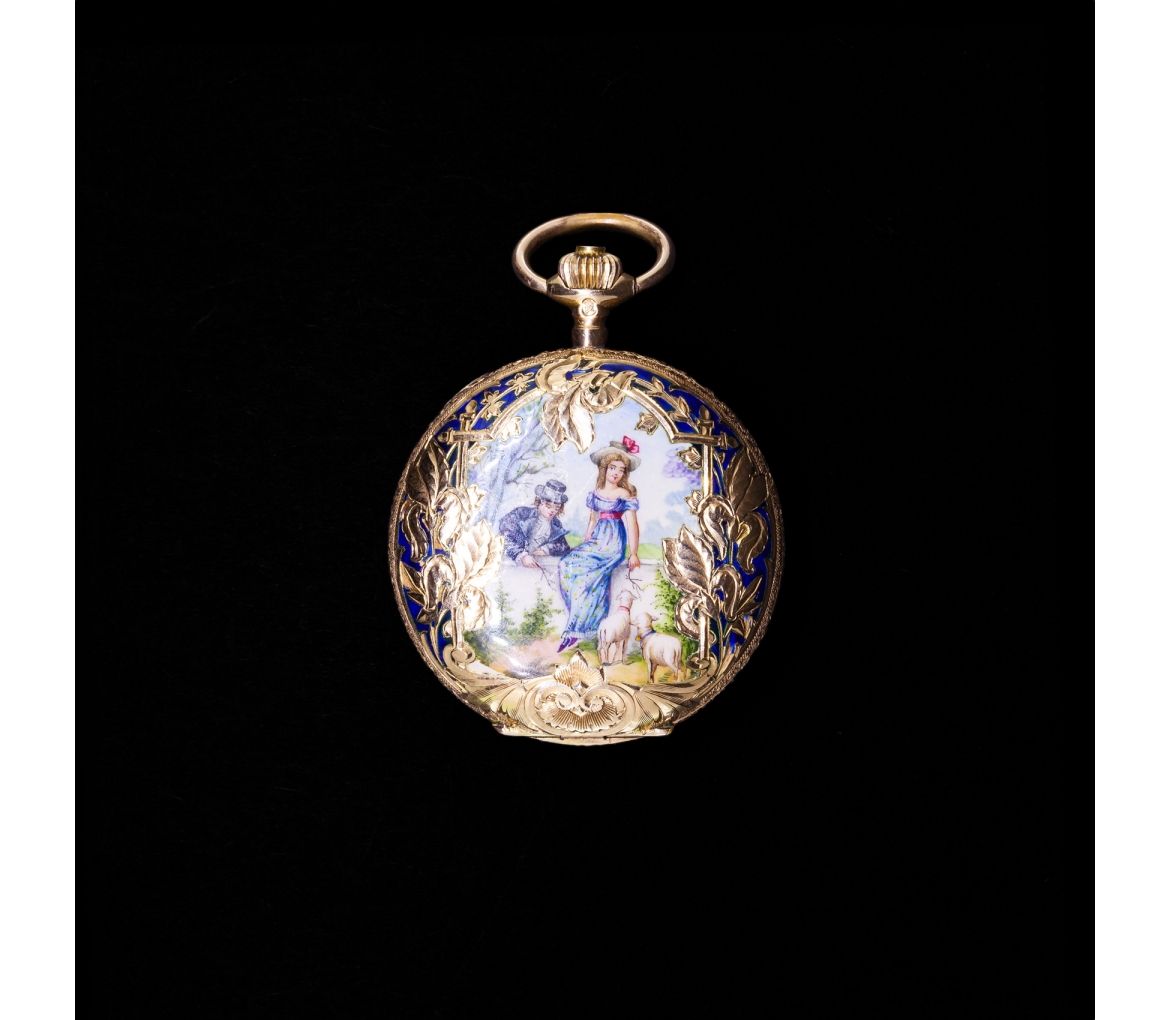 Zawieszka zegarek kieszonkowy emaliowany, Austro-Węgry 1872 - 1902, Złoto 624 (15K) - 1