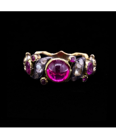 14K Gold, Georgian-Inspired Ring with Pink Stones and Diamonds - 1