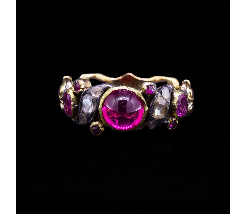 14K Gold, Georgian-Inspired Ring with Pink Stones and Diamonds - 1