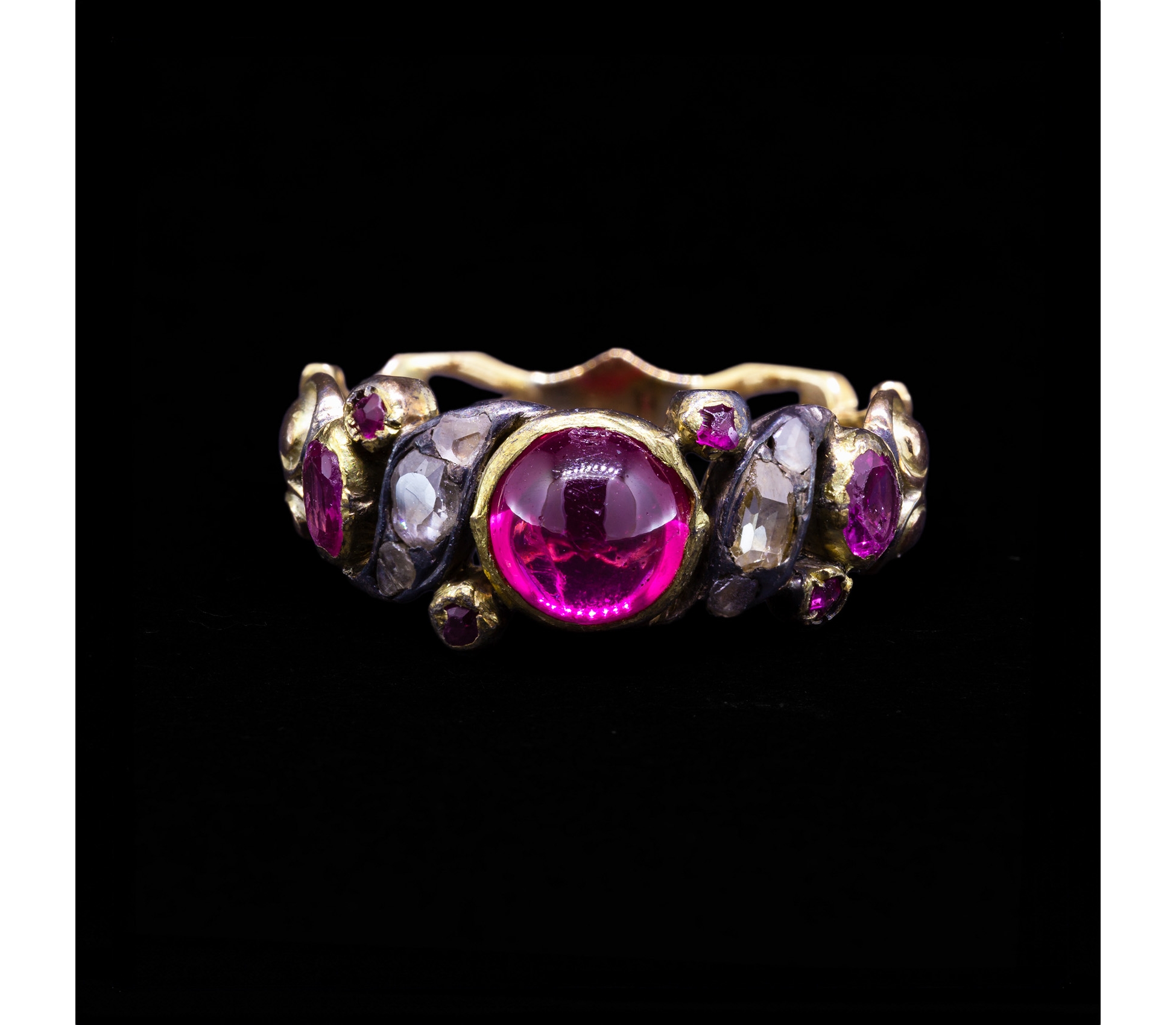 14K Gold, Georgian-Inspired Ring with Pink Stones and Diamonds - 1 14K Gold, Georgian-Inspired Ring with Pink Stones and Diamonds - 1
