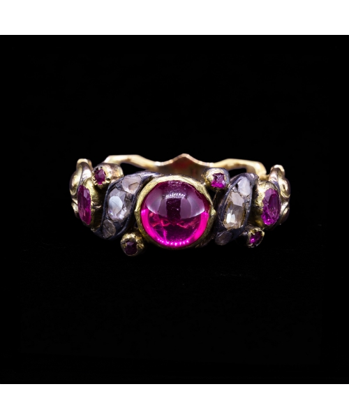 14K Gold, Georgian-Inspired Ring with Pink Stones and Diamonds - 1