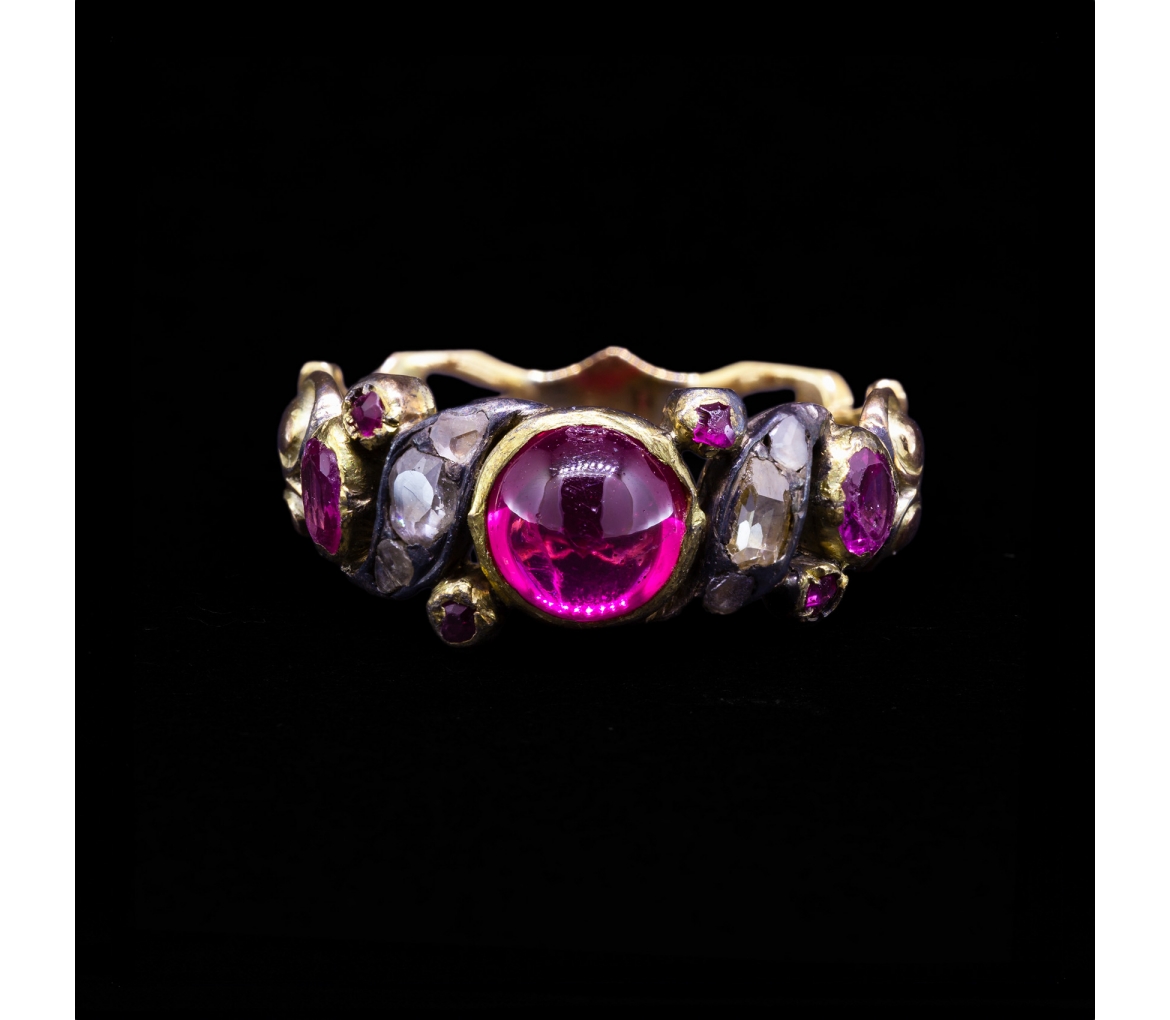 14K Gold, Georgian-Inspired Ring with Pink Stones and Diamonds - 1