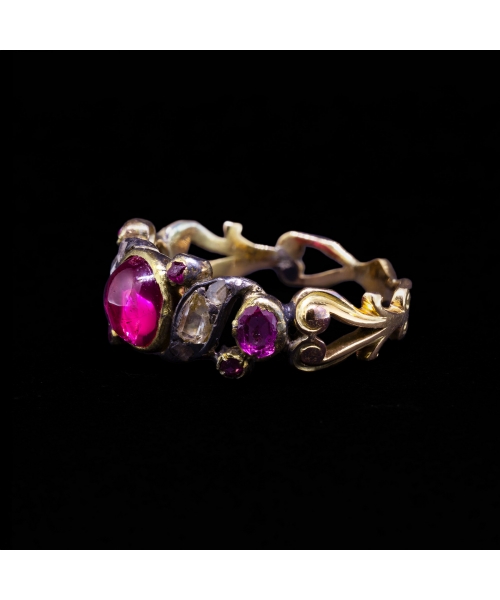 14K Gold, Georgian-Inspired Ring with Pink Stones and Diamonds - 2