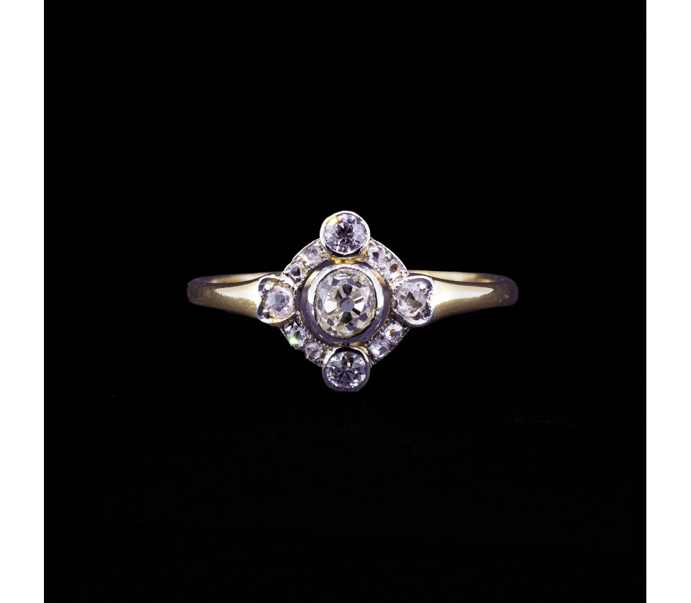 18K Gold, Art Deco Ring with Old-Cut Diamonds - 1