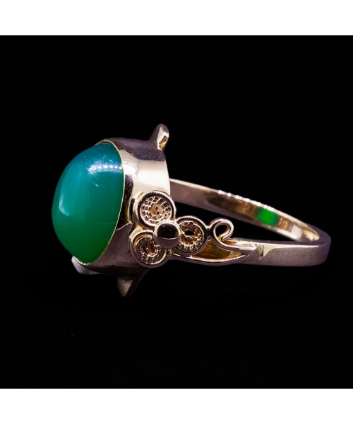 14K Gold, Ring with Green Onyx, Handcrafted Filigree, Vintage - 2