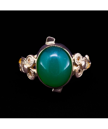 14K Gold, Ring with Green Onyx, Handcrafted Filigree, Vintage - 1