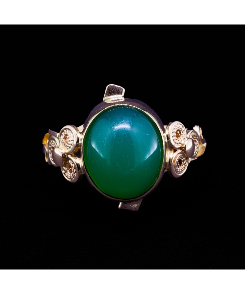 14K Gold, Ring with Green Onyx, Handcrafted Filigree, Vintage - 1