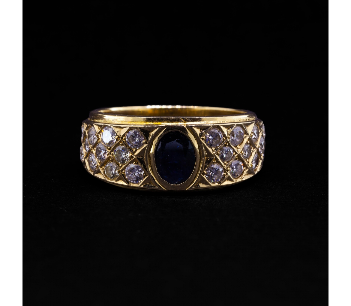 14K Gold, Sapphire and Diamond Signet Ring, Vintage - 1
