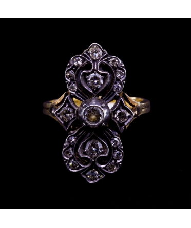 18K Gold, Silver Diamond Ring, Vintage, Italy - 1