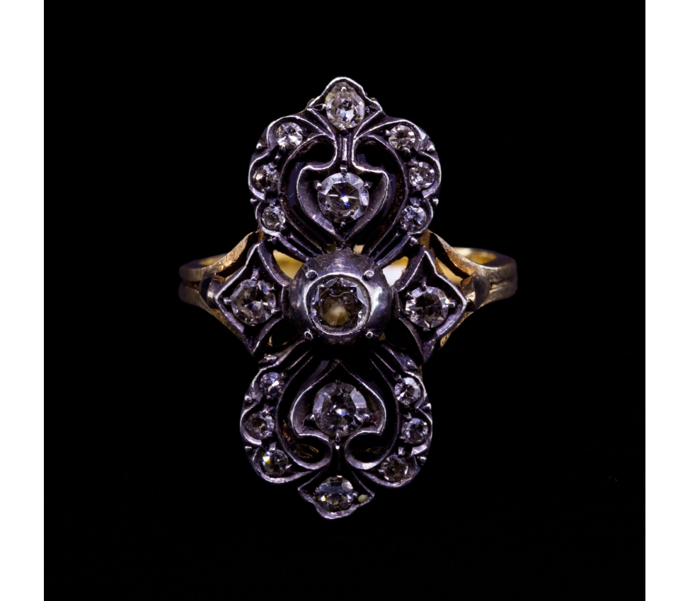 18K Gold, Silver Diamond Ring, Vintage, Italy - 1